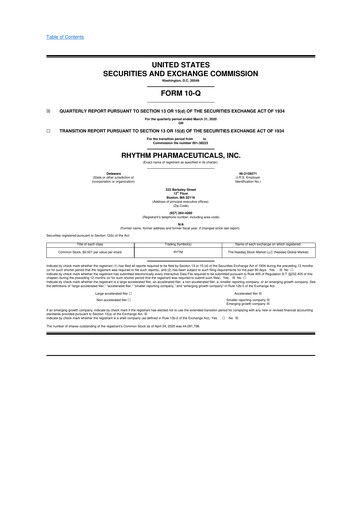 Vorschaubild Rhythm Pharmaceuticals 10-Q Quartalsbericht 2020 