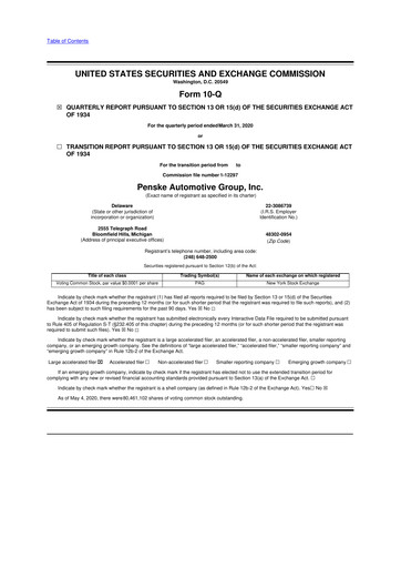 Thumbnail Penske Automotive Group 10-Q Quarterly Report FY2020 