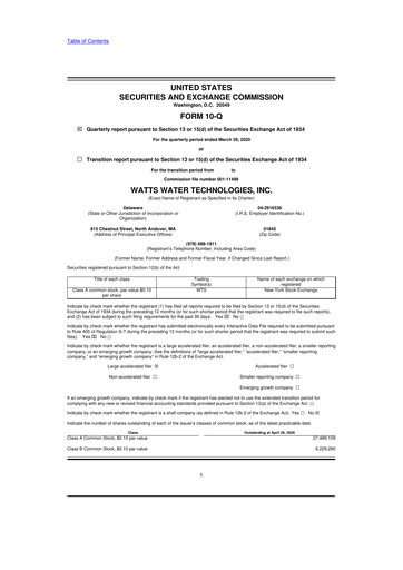 Miniature Watts Water Technologies
 10-Q Rapport trimestriel 2020 