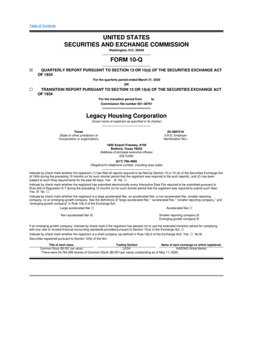 Thumbnail Legacy Housing Corporation 10-Q Quarterly Report FY2020 