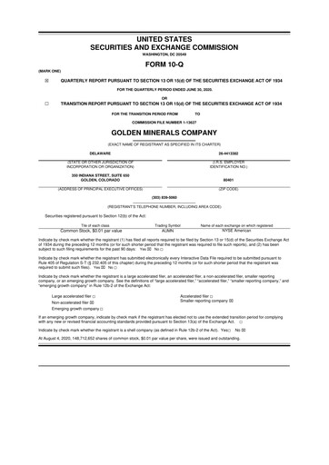 Miniature Golden Minerals
 10-Q Rapport trimestriel 2020 
