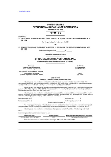 Thumbnail Bridgewater Bancshares 10-Q Quarterly Report FY2020 