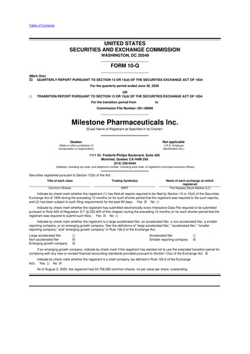 Thumbnail Milestone Pharmaceuticals
 10-Q Quarterly Report FY2020 