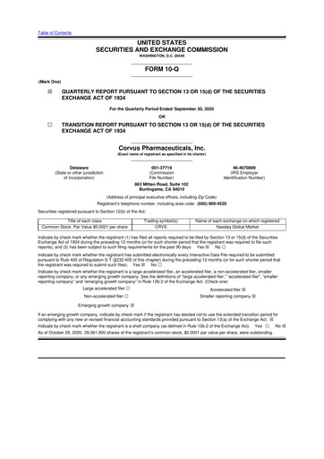 Thumbnail Corvus Pharmaceuticals
 10-Q Quarterly Report FY2020 
