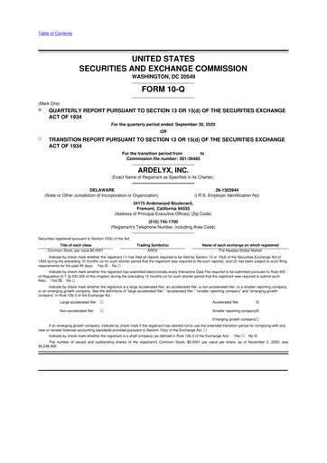 Thumbnail Ardelyx 10-Q Quarterly Report FY2020 