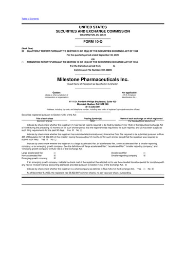 Thumbnail Milestone Pharmaceuticals
 10-Q Quarterly Report FY2020 