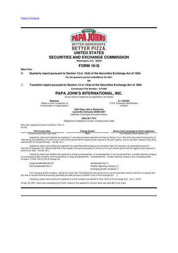 Thumbnail Papa John's Pizza
 10-Q Quarterly Report FY2021 