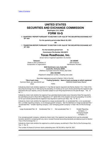 Thumbnail Texas Roadhouse
 10-Q Quarterly Report FY2021 