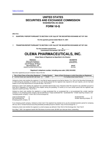 Thumbnail Olema Pharmaceuticals 10-Q Quarterly Report FY2021 