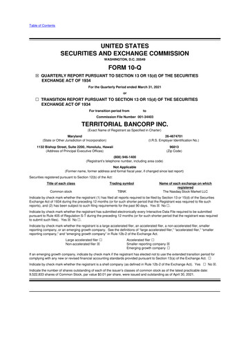 Miniature Territorial Bancorp
 10-Q Rapport trimestriel 2021 
