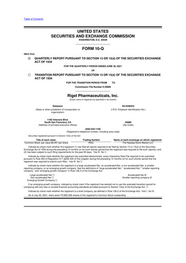 Thumbnail Rigel Pharmaceuticals 10-Q Quarterly Report FY2021 