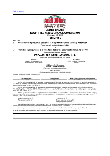 Thumbnail Papa John's Pizza
 10-Q Quarterly Report FY2021 