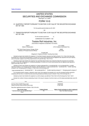 Miniature Tootsie Roll Industries
 10-Q Rapport trimestriel 2021 