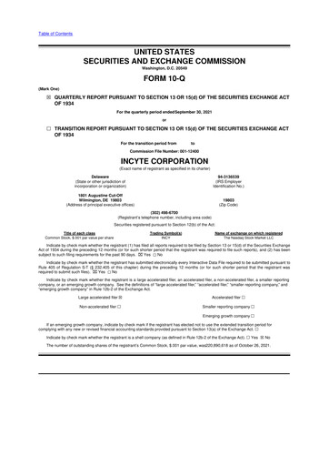 Thumbnail Incyte 10-Q Quarterly Report FY2021 