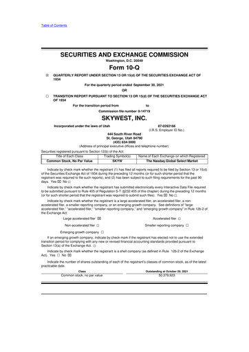 Thumbnail SkyWest 10-Q Quarterly Report FY2021 