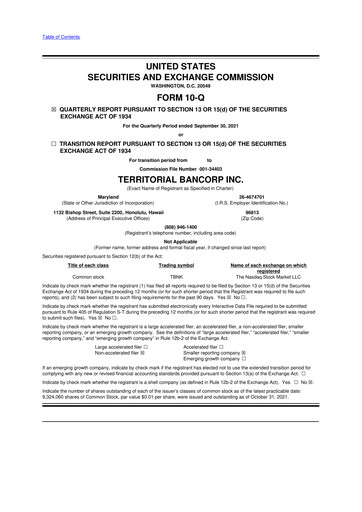 Miniature Territorial Bancorp
 10-Q Rapport trimestriel 2021 