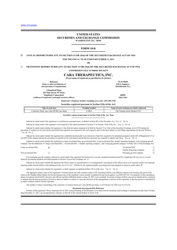 Thumbnail Cara Therapeutics
 10-K Annual Report 2021