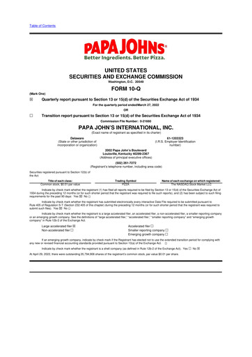 Thumbnail Papa John's Pizza
 10-Q Quarterly Report FY2022 