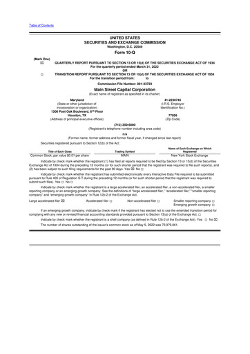 Thumbnail Main Street Capital
 10-Q Quarterly Report FY 