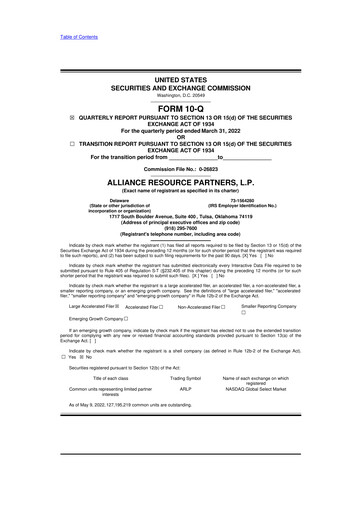 Vorschaubild Alliance Resource Partners 10-Q Quartalsbericht  