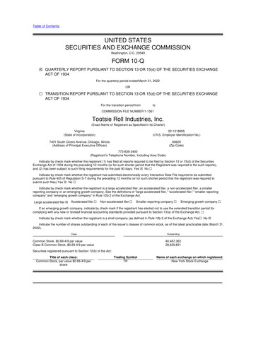 Miniature Tootsie Roll Industries
 10-Q Rapport trimestriel 2022 