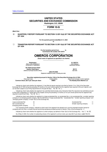 Vorschaubild Omeros Corporation 10-Q Quartalsbericht 2022 