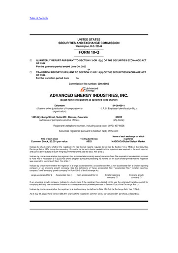 Thumbnail Advanced Energy 10-Q Quarterly Report FY2022 
