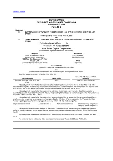 Thumbnail Main Street Capital
 10-Q Quarterly Report FY2022 