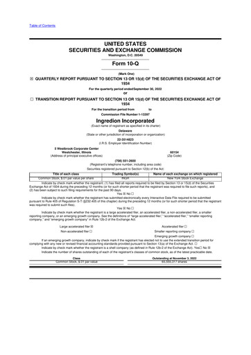 Thumbnail Ingredion 10-Q Quarterly Report FY2022 