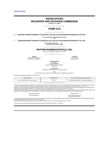 Vorschaubild Rhythm Pharmaceuticals 10-Q Quartalsbericht 2022 