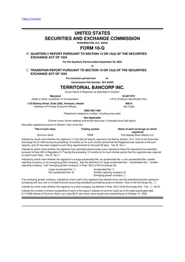 Miniature Territorial Bancorp
 10-Q Rapport trimestriel 2022 