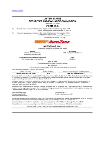 Miniature AutoZone 10-Q Rapport trimestriel 2023 