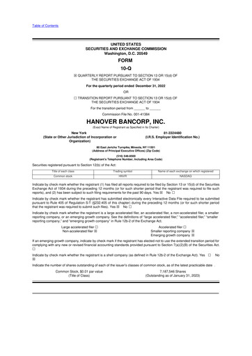 Miniature Hanover Bancorp 10-Q Rapport trimestriel 2023 