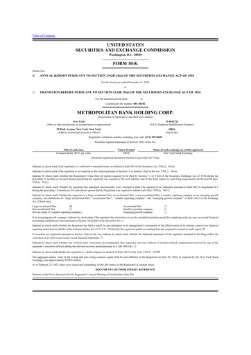 Thumbnail Metropolitan Bank Holding 10-K Annual Report 2022