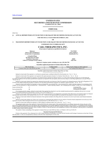 Thumbnail Cara Therapeutics
 10-K Annual Report 2022