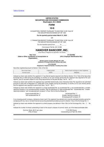 Miniature Hanover Bancorp 10-Q Rapport trimestriel 2023 
