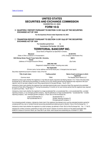 Miniature Territorial Bancorp
 10-Q Rapport trimestriel 2023 