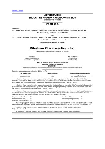 Thumbnail Milestone Pharmaceuticals
 10-Q Quarterly Report FY2025 