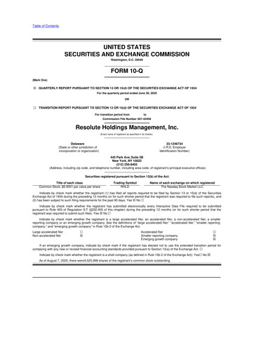 Thumbnail Resolute Holdings Management 10-Q Quarterly Report FY2025 