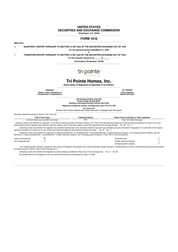 Thumbnail Tri Pointe Homes 10-Q Quarterly Report FY 