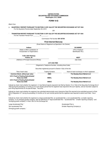 Thumbnail First Internet Bancorp
 10-Q Quarterly Report FY2019 
