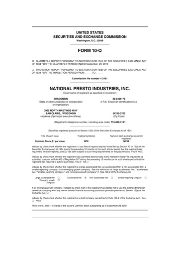 Thumbnail National Presto Industries
 10-Q Quarterly Report FY2019 
