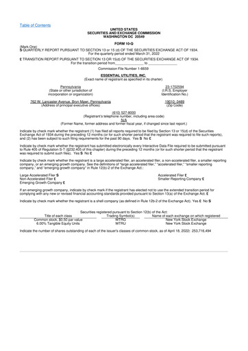 Thumbnail Essential Utilities
 10-Q Quarterly Report FY2022 