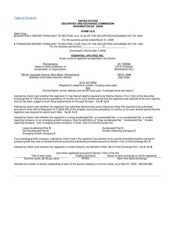 Thumbnail Essential Utilities
 10-Q Quarterly Report FY 