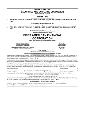 Miniature First American Financial Corporation 10-Q Rapport trimestriel 2013 