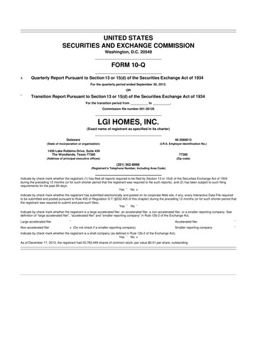 Thumbnail LGI Homes
 10-Q Quarterly Report FY 