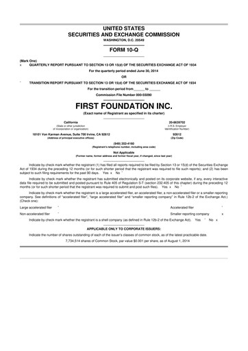 Thumbnail First Foundation
 10-Q Quarterly Report FY2014 