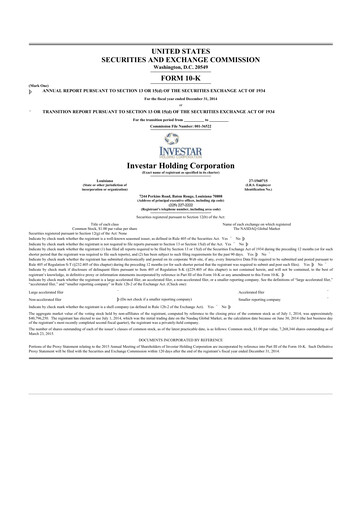 Thumbnail Investar Holding
 10-K Annual Report 2014