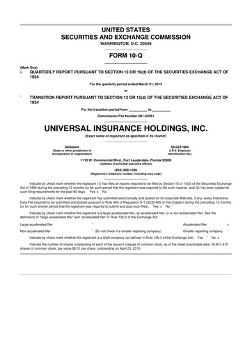 Thumbnail Universal Insurance Holdings 10-Q Quarterly Report FY2015 