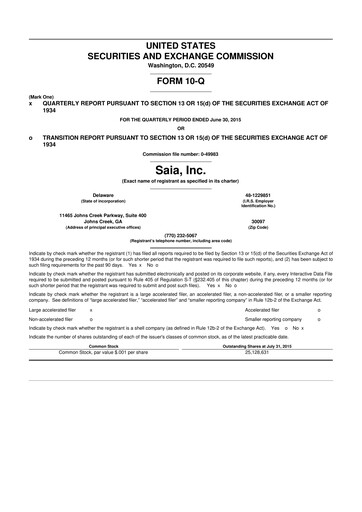 Thumbnail Saia
 10-Q Quarterly Report FY2015 